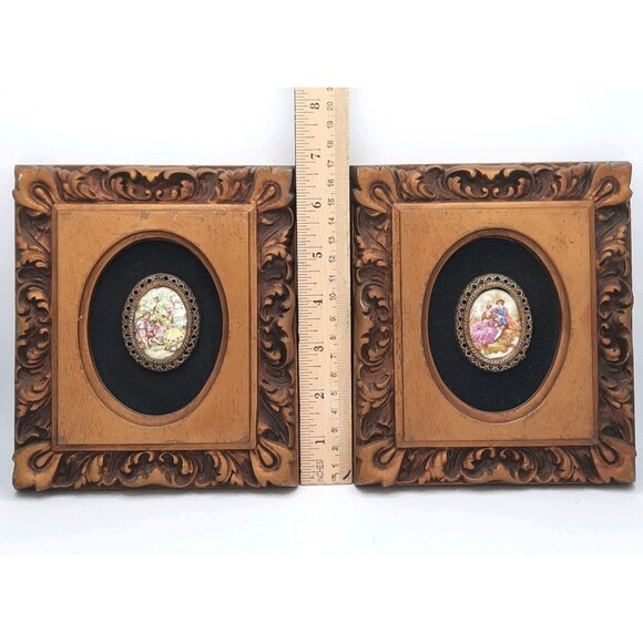 2 Vintage Victorian Art Velvet Framed Porcelain Cameo Fragonard Courting Couple - Picture 1 of 5